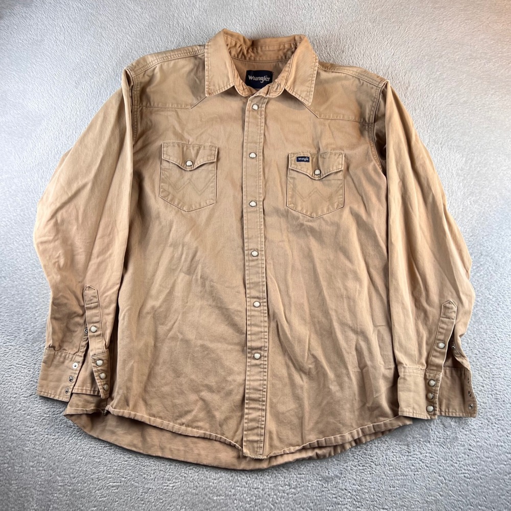 Wrangler Mens Western Snap Shirt Tan Khaki Cotton Twill Long Sleeve XL 2792